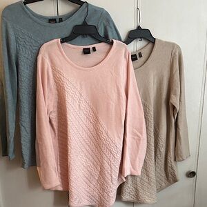 3 Rafaella Women's Crew Neck Sweater - Soft Pink, Blue and Tan